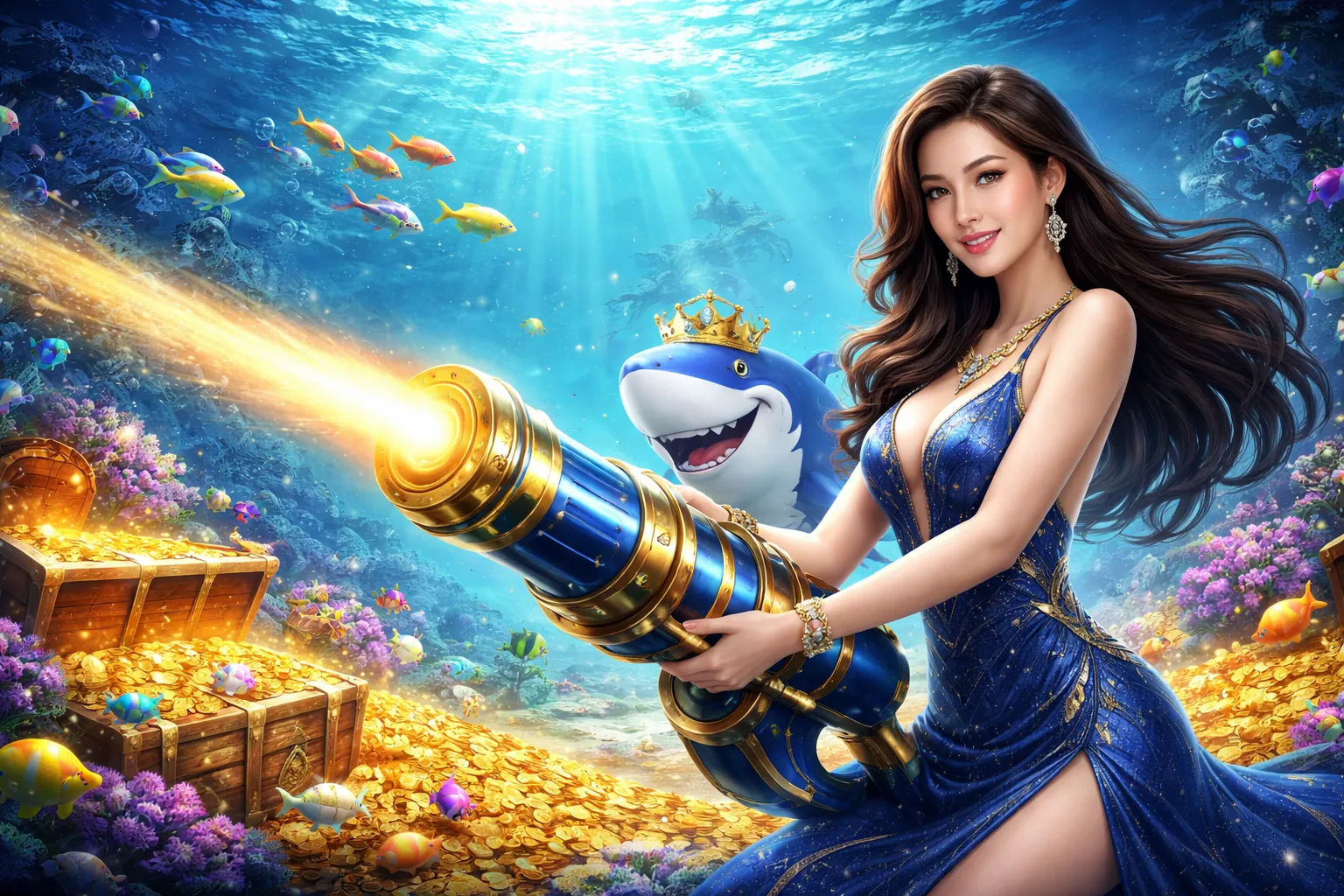Hình ảnh chính game bắn cá 88op, đại dương bao la với cá vàng và kho báu